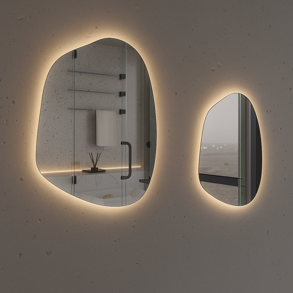 Organik Şekilli LED Ayna – Modern Asimetrik Duvar Aynası, Banyo & Yatak Odası İçin Dekoratif Işıklı Ayna