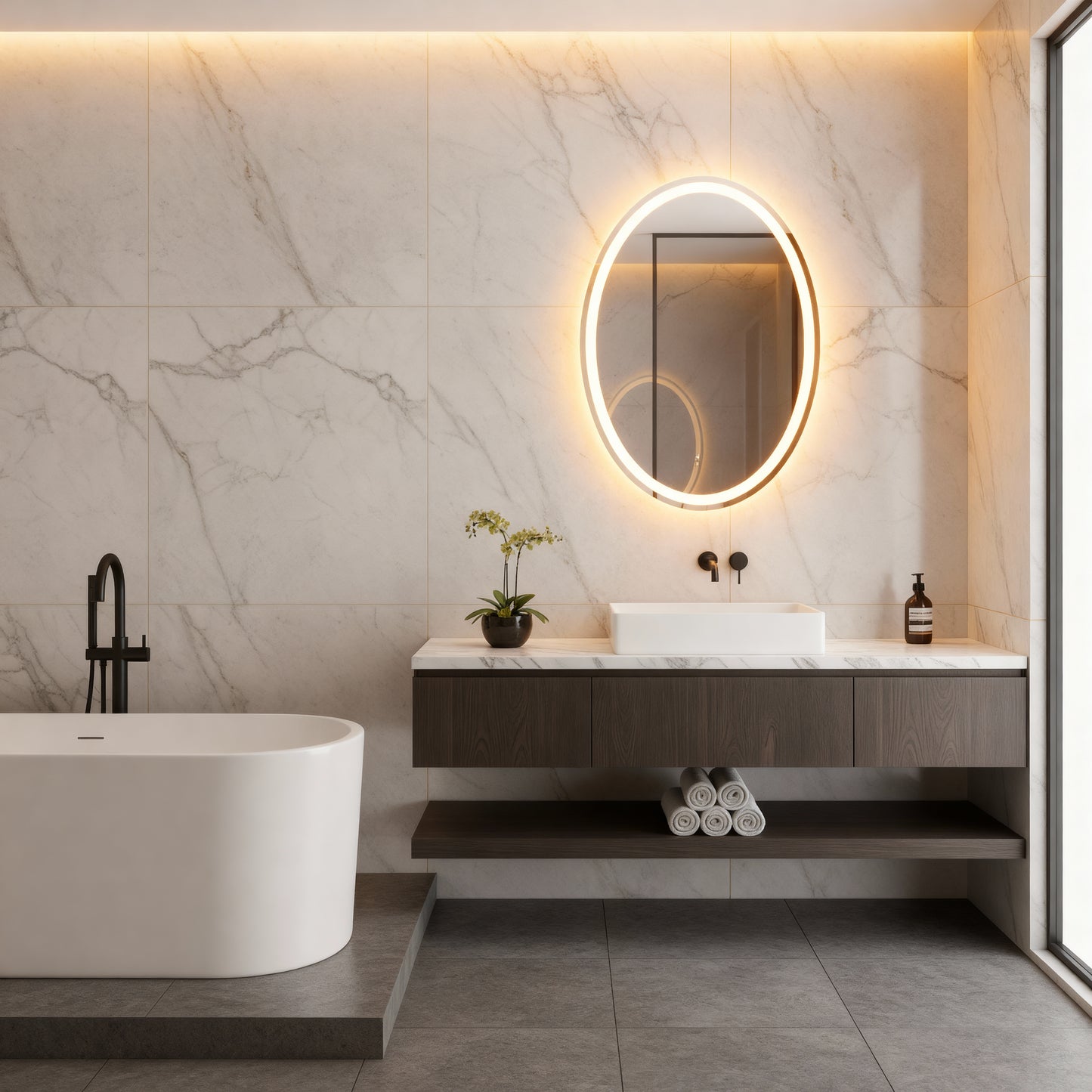 Modern Oval LED Aydınlatmalı Ayna – Minimalist Işıklı Duvar Aynası