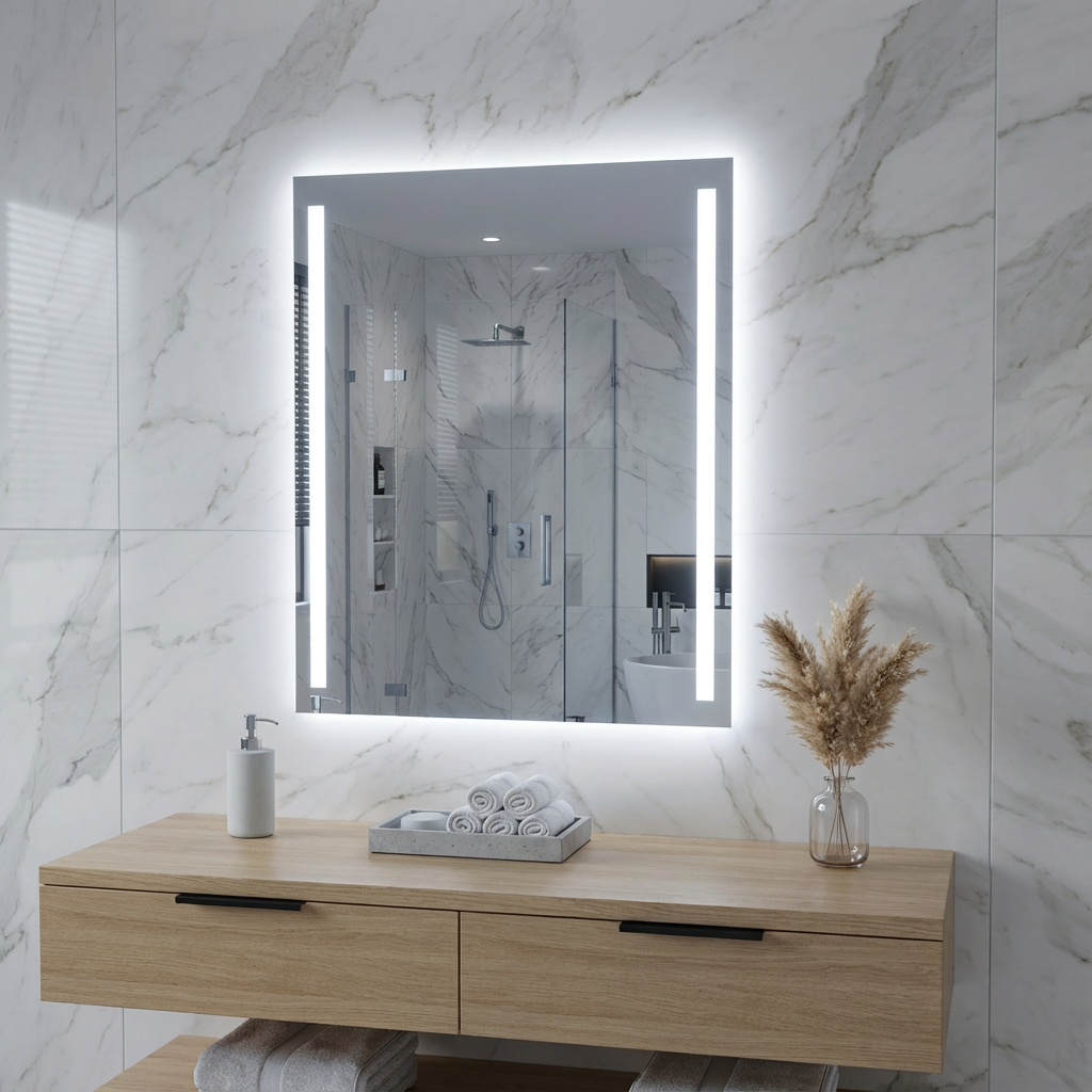 Modern Strip LED Ayna – Dikey Işıklı Minimal Tasarım Duvar Aynası