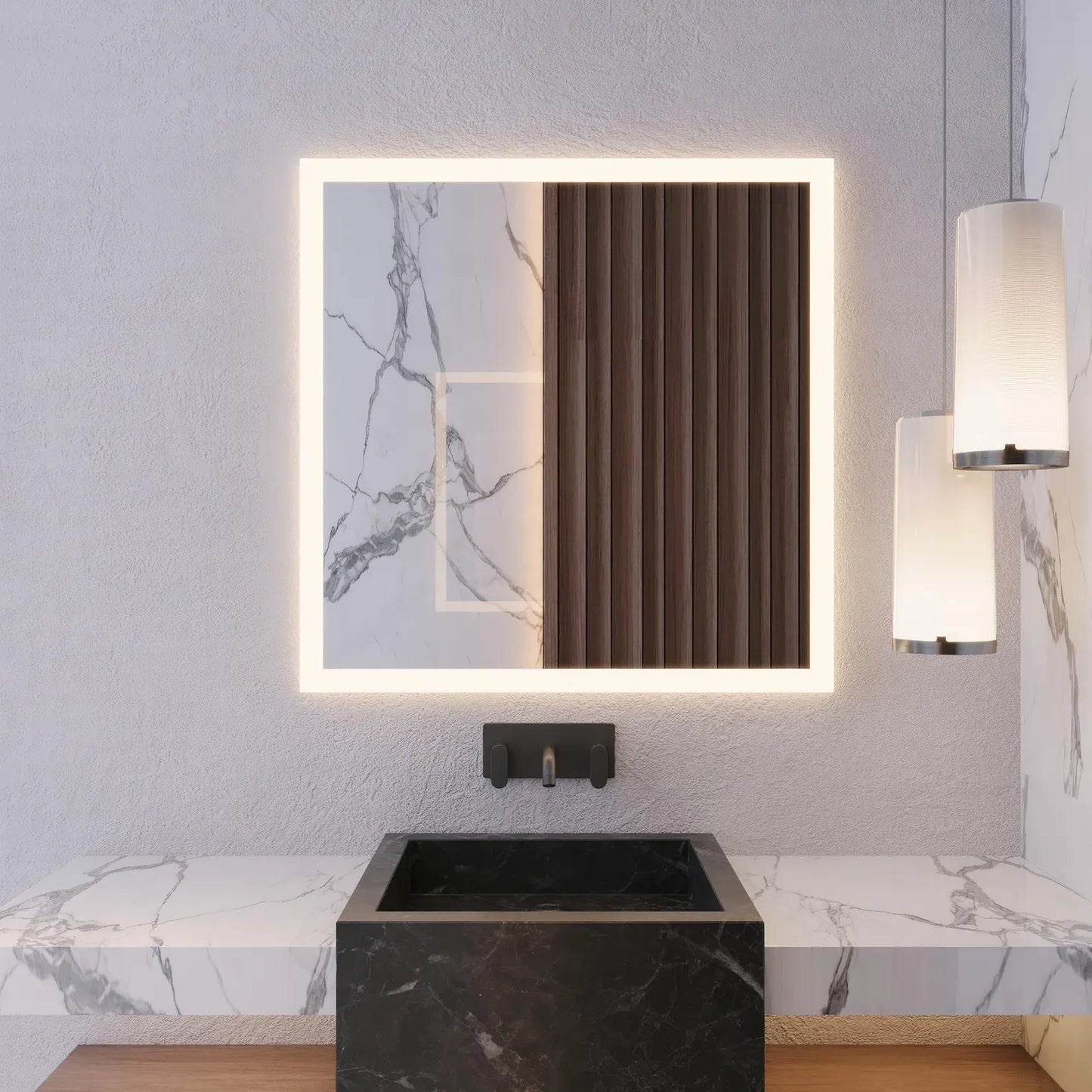 Modern Kare LED Aydınlatmalı Banyo Aynası – Sıcak Işıklı Arka Aydınlatmalı Tasarım