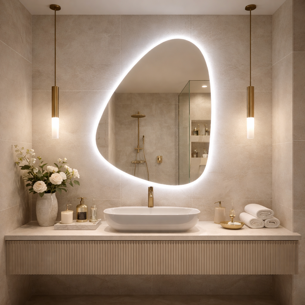 Modern LED Organik Banyo Aynası – Asimetrik Aydınlatmalı Dekoratif Duvar Aynası, Sıcak Işıklı Tasarım