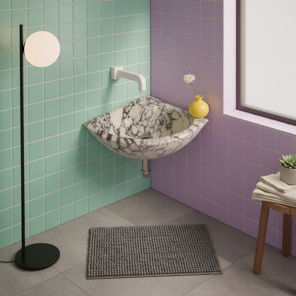 Calacatta Viola Mermer Köşe Lavabo – Duvar Tipi, El Yapımı Lüks Banyo Lavabosu (30 × 30 × 15 cm)