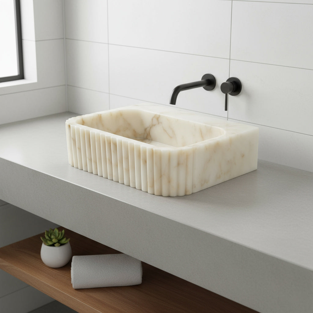 Calacatta Mermer Oyma Dikdörtgen Lavabo – Lüks Banyo Tezgâh Üstü Lavabo (51×41×14 cm)