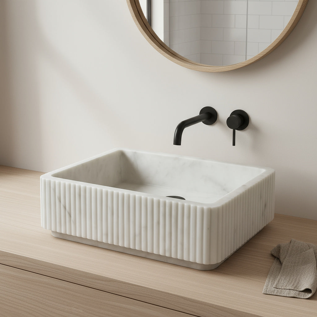 Carrara Beyaz Mermer Duvara Monte Banyo Lavabo – İnce Oyma Tasarımlı, El Yapımı Doğal Mermer Lavabo
