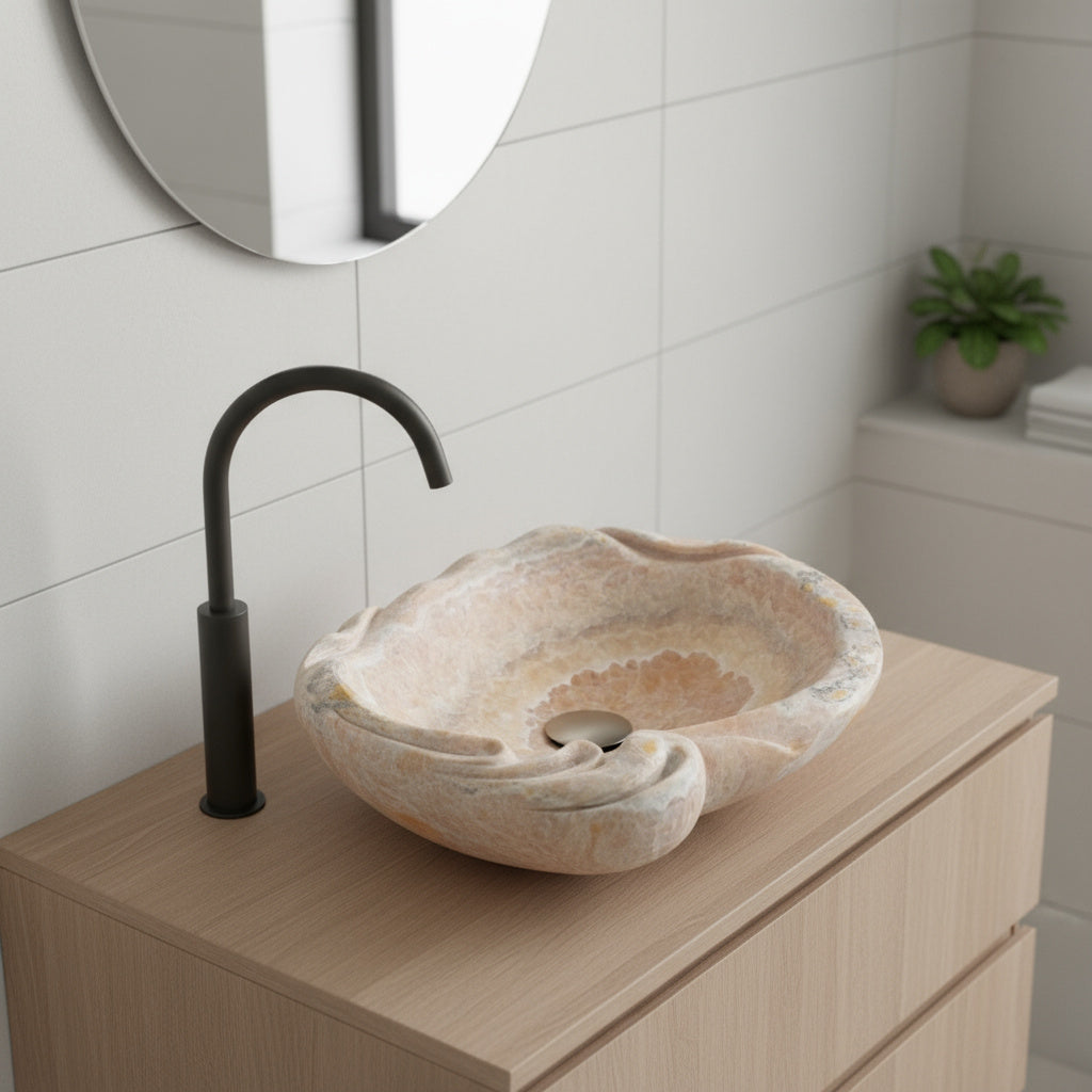 Rose Onyx Marble Lavabo – Doğal Rose Onyx Mermer Tezgâh Üstü Banyo Lavabosu (L 55 × W 50 × H 15 cm)
