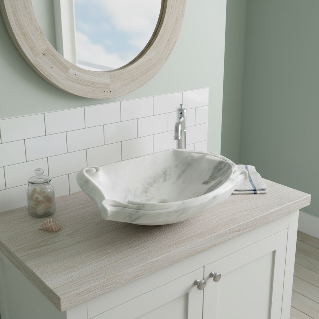 Organik Formlu Mermer Lavabo – Modern Doğal Taş Tezgâh Üstü Banyo Lavabosu (L 60 × W 45 × H 15 cm)
