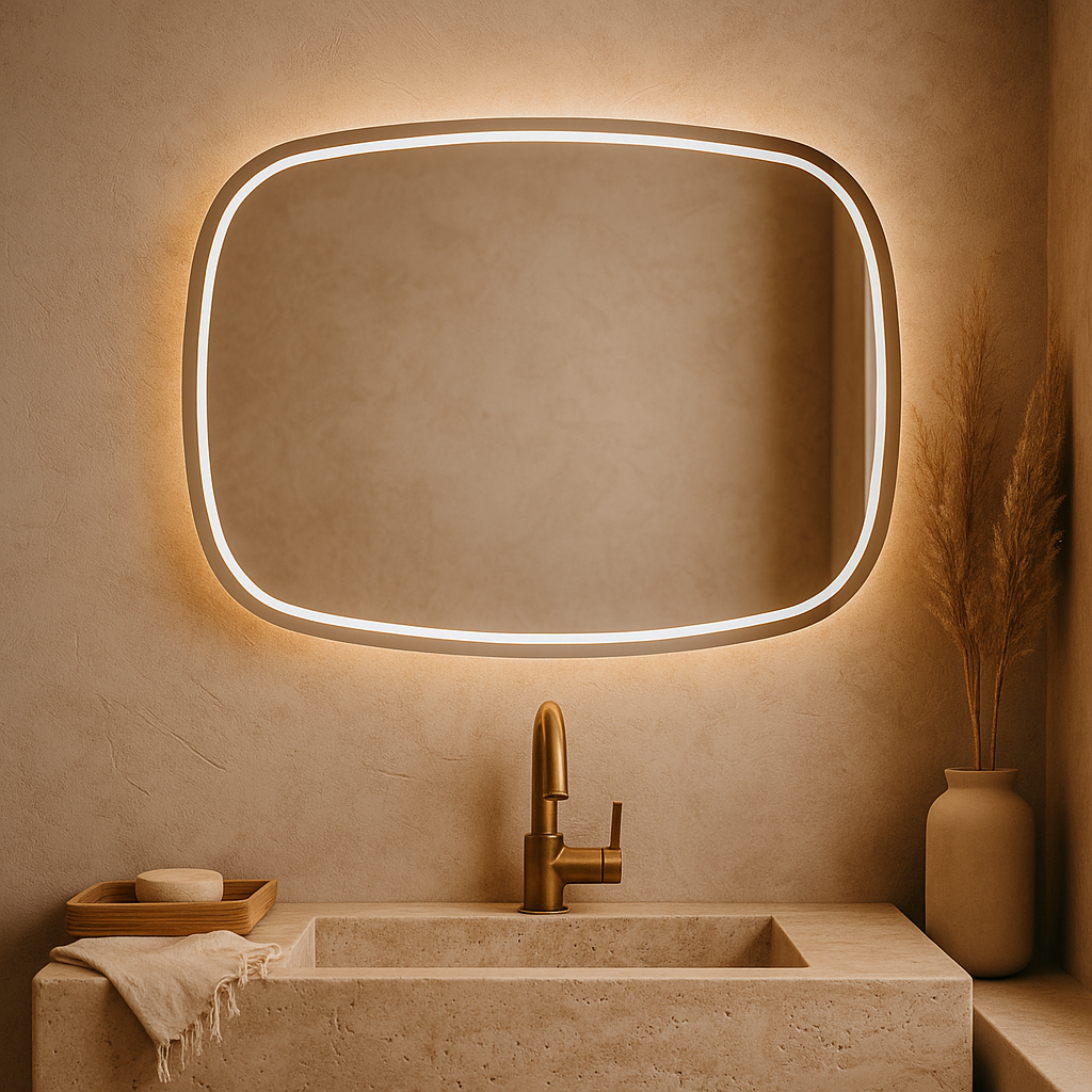Modern LED Aydınlatmalı Organik Duvar Aynası – Asimetrik Tasarım Banyo ve Salon Dekor Aynası