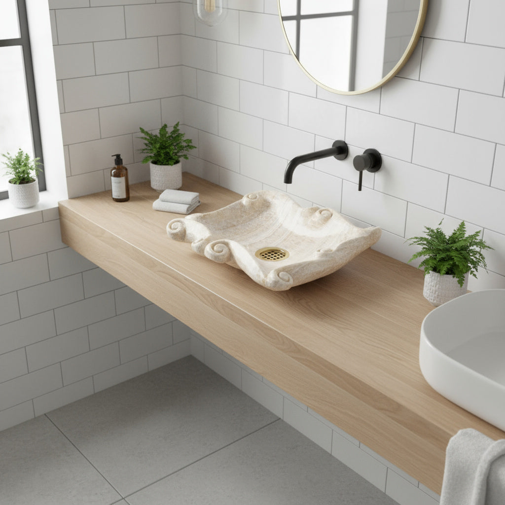 Oniks Mermer Lavabo – Doğal Taş Banyo Lavabosu, Lüks El Oyması Oniks Tezgâh Üstü Lavabo (60×48×14 cm)