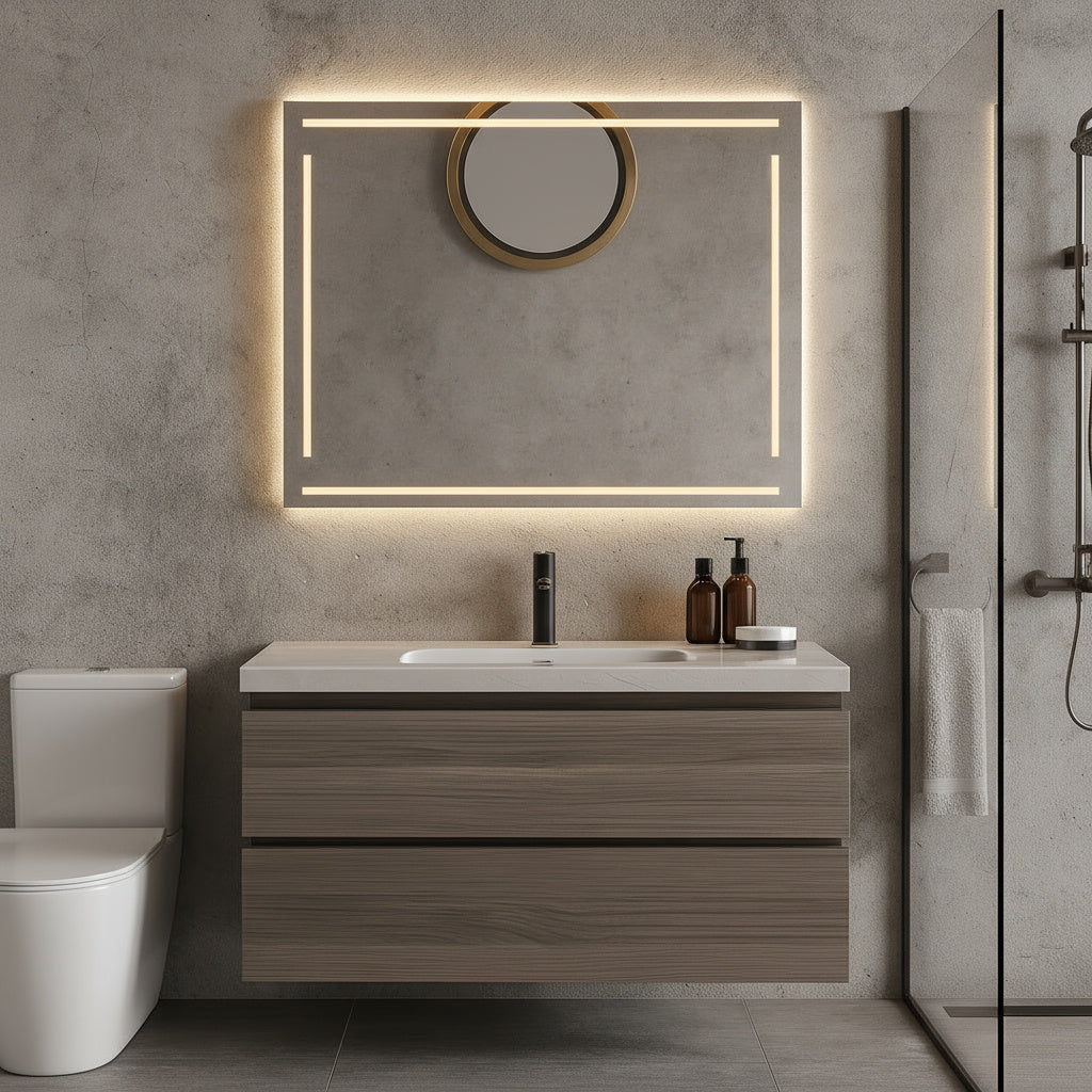 Geometrik Çizgili LED Banyo Aynası – Modern Dikdörtgen Işıklı Duvar Aynası