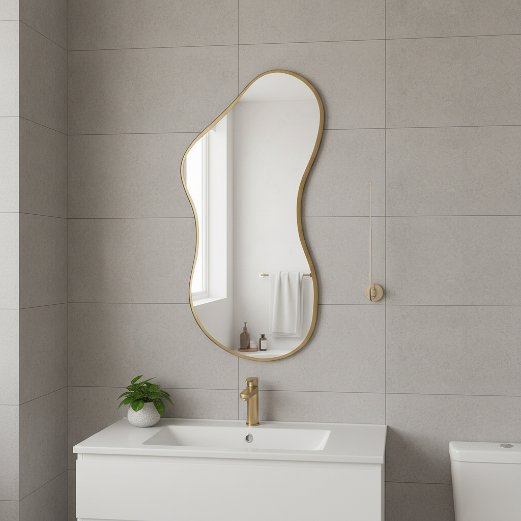 Modern Organik Şekilli Dekoratif Banyo Aynası – Çerçeveli Düzensiz Tasarım Ayna | Minimalist & Japandi Duvar Aynası