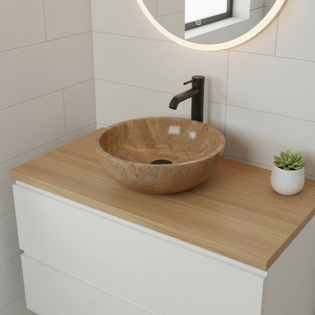 Noce Brown Traverten Doğal Taş Lavabo – El Yapımı Rustic Yuvarlak Mermer Banyo Lavabosu