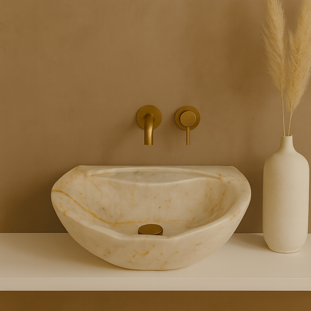 Bej Oniks Mermer Lavabo – El Yapımı Doğal Taş Banyo Lavabosu (50×40×15 cm)