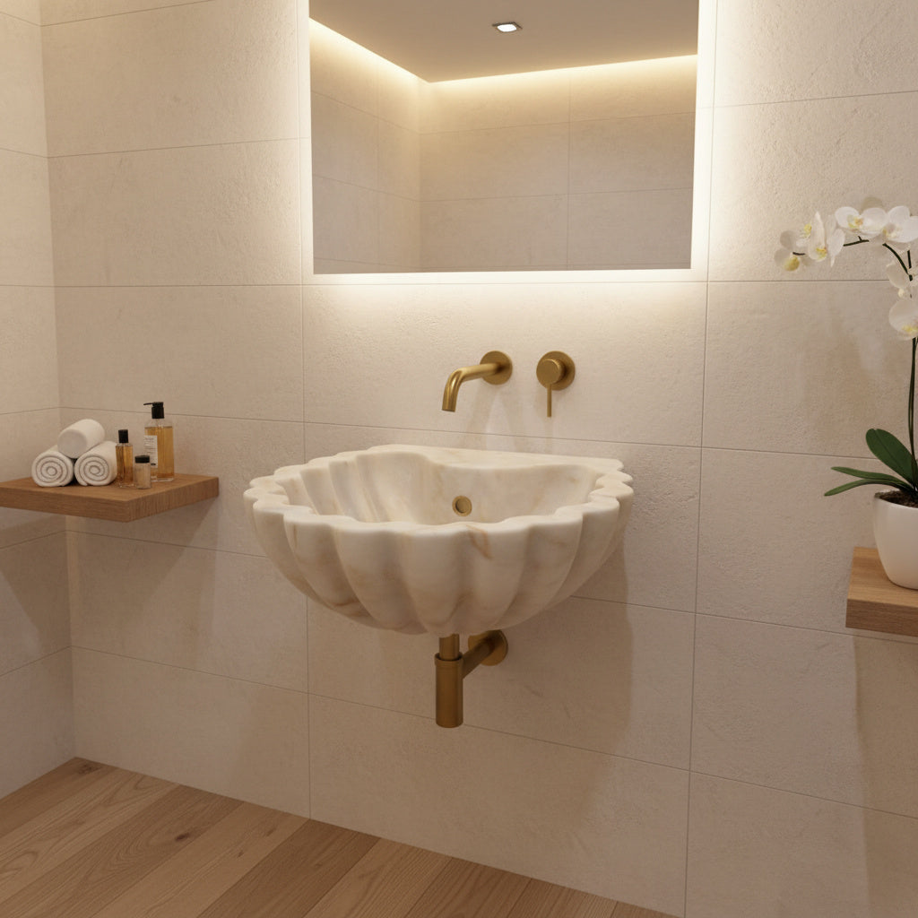 Carrara Mermer Kabuk Formu Banyo Lavabo – El Oyma Doğal Mermer Şelale Lavabo