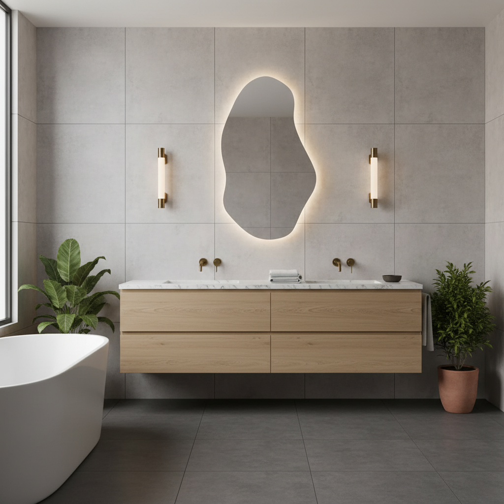 Asimetrik LED Banyo Aynası – Modern Dekoratif Işıklı Ayna, Organik Tasarım Arkadan Aydınlatmalı Ayna