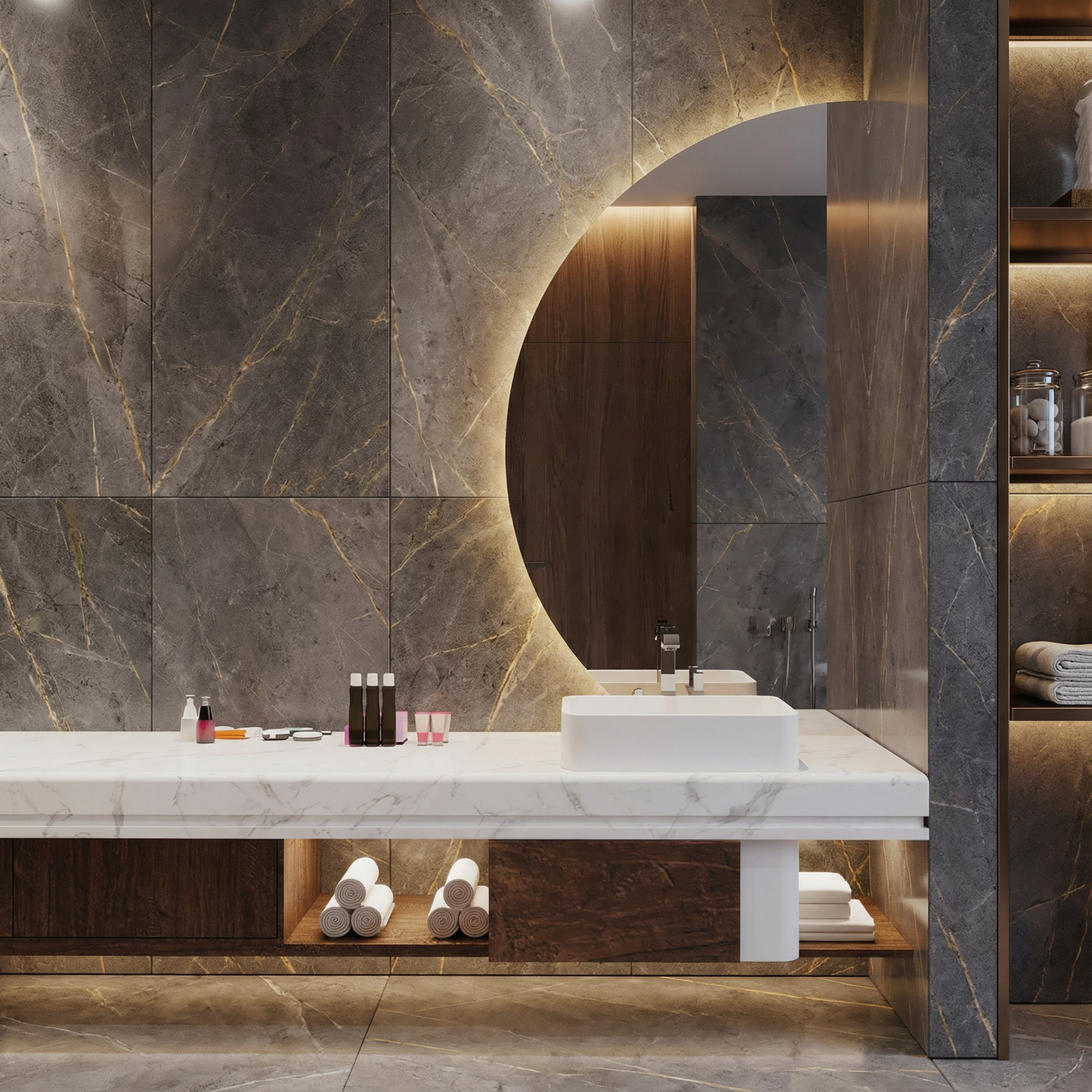 Yarım Ay LED Banyo Aynası – Modern Arkadan Aydınlatmalı Ayna, Dekoratif Minimal Tasarım Aydınlatmalı Ayna