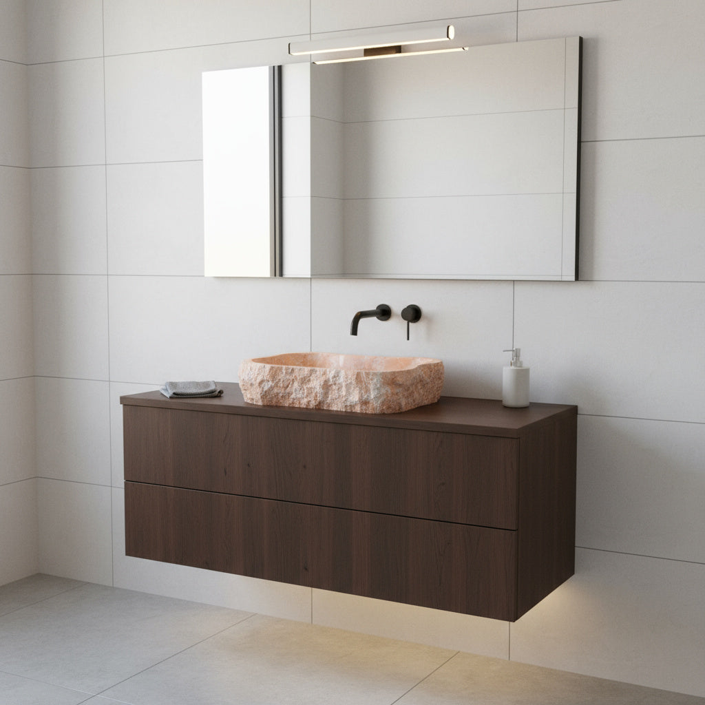 Rosa Marble Lavabo – Doğal Rosa Mermer Tezgâh Üstü Banyo Lavabosu (L 55 × W 40 × H 14 cm)