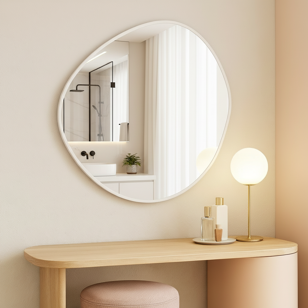 Modern Organik Form Banyo Aynası – Çerçeveli Asimetrik Ayna, Tasarım Duvar Aynası, Mermer Banyo İçin Şık Dekoratif Ayna