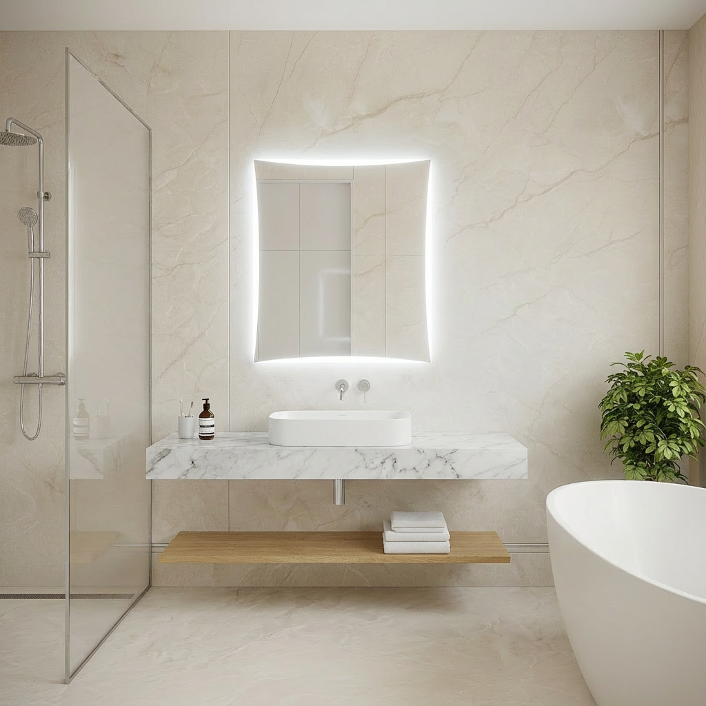 Lüks Kavisli LED Ayna – Modern Işıklı Duvar Aynası | Sıcak Işıklı Dekoratif Tasarım