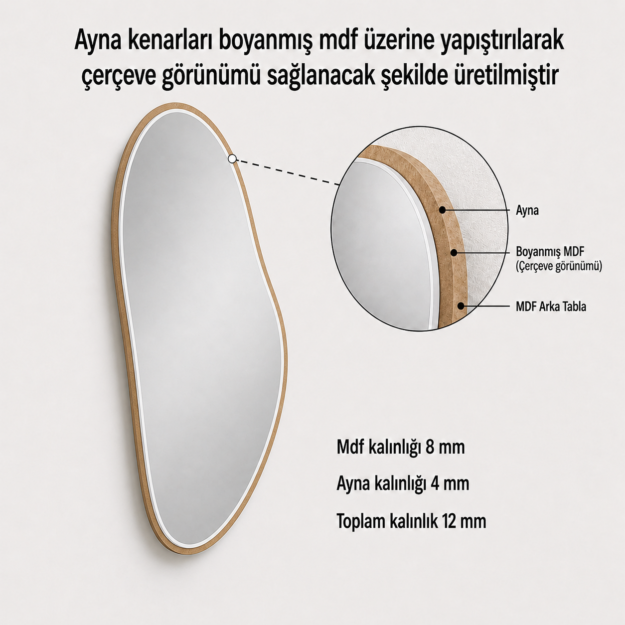 Modern Organik Form Banyo Aynası 40x120 cm – Asimetrik Minimalist Dekoratif Duvar Aynası