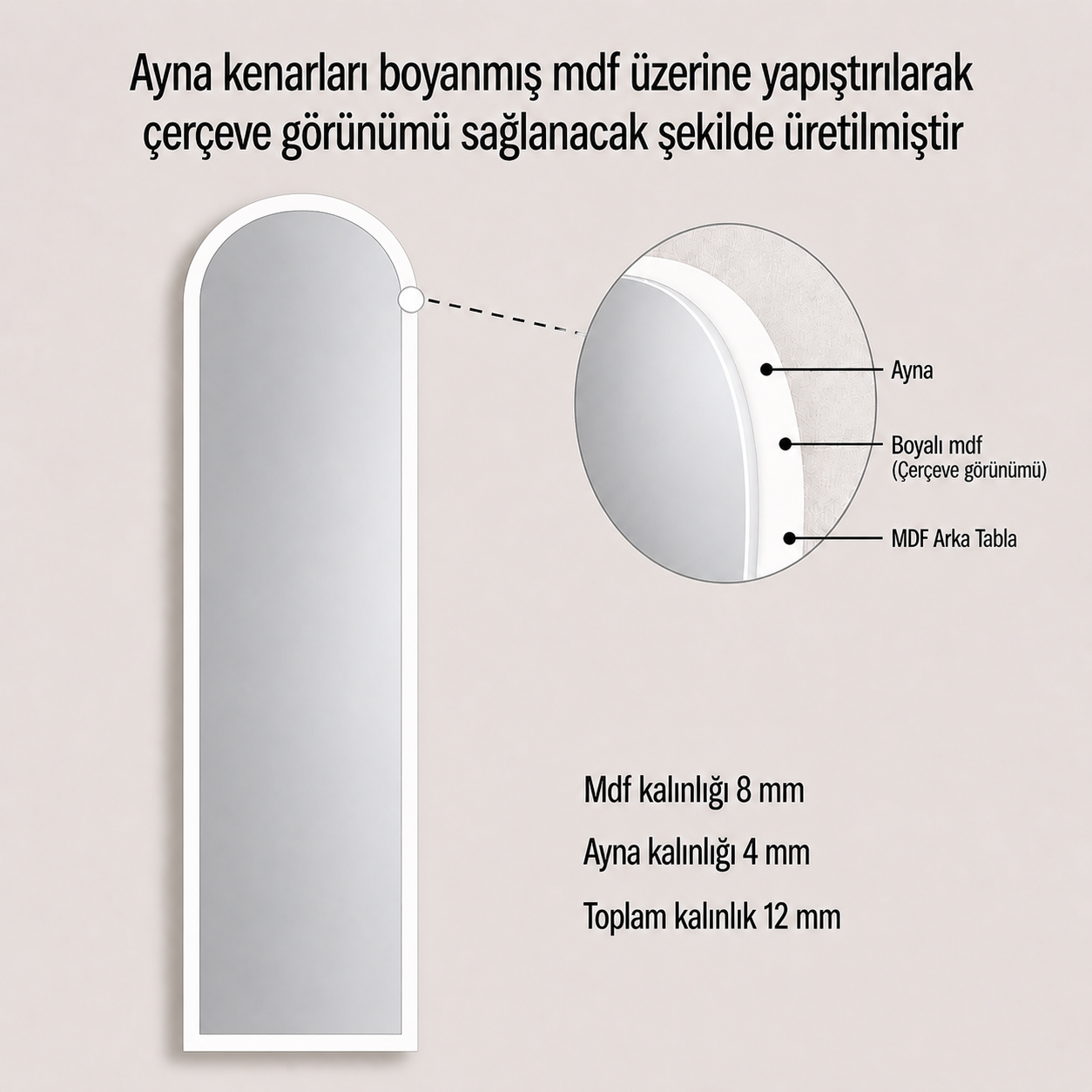 Modern Kemer Form Boy Aynası 40x120 cm – Minimalist İnce Çerçeveli Dekoratif Duvar Aynası 2026 Trend