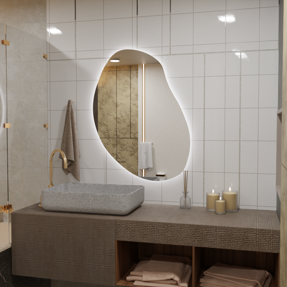 LED Işıklı Organik Banyo Aynası – Modern Asimetrik Tasarım, Arkadan Aydınlatmalı Dekoratif Ayna