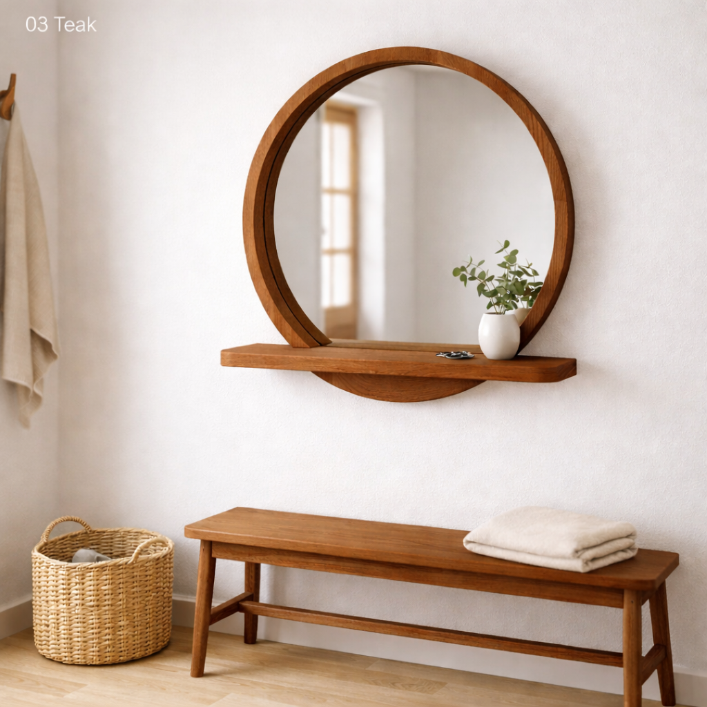 Raflı Masif Kayın Ağacı Yuvarlak Ayna – İskandinav Tarzı Antre ve Banyo Aynası