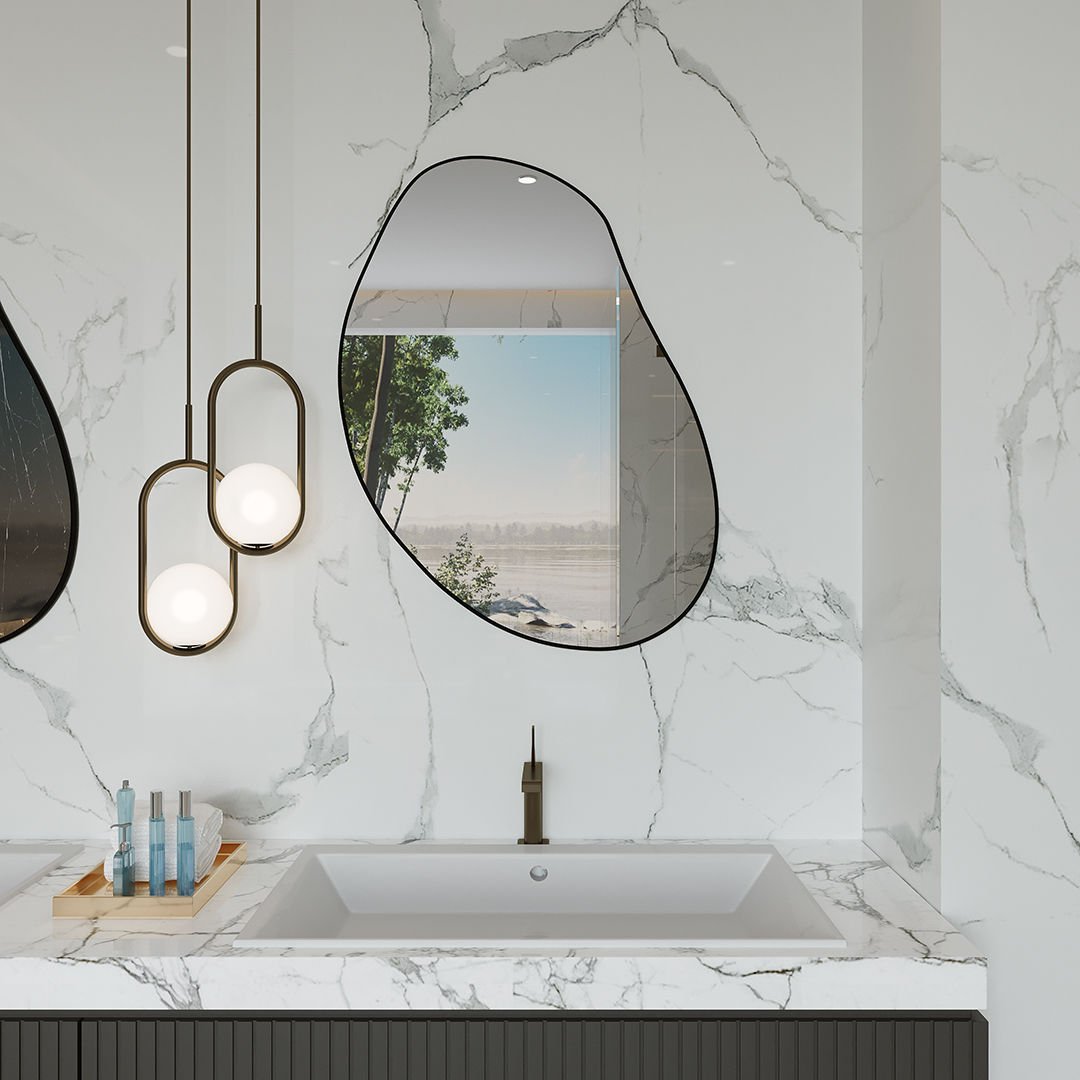 Modern Düzensiz Organik Form Duvar Aynası – Çerçeveli Dekoratif Banyo ve Salon Ayna Modeli