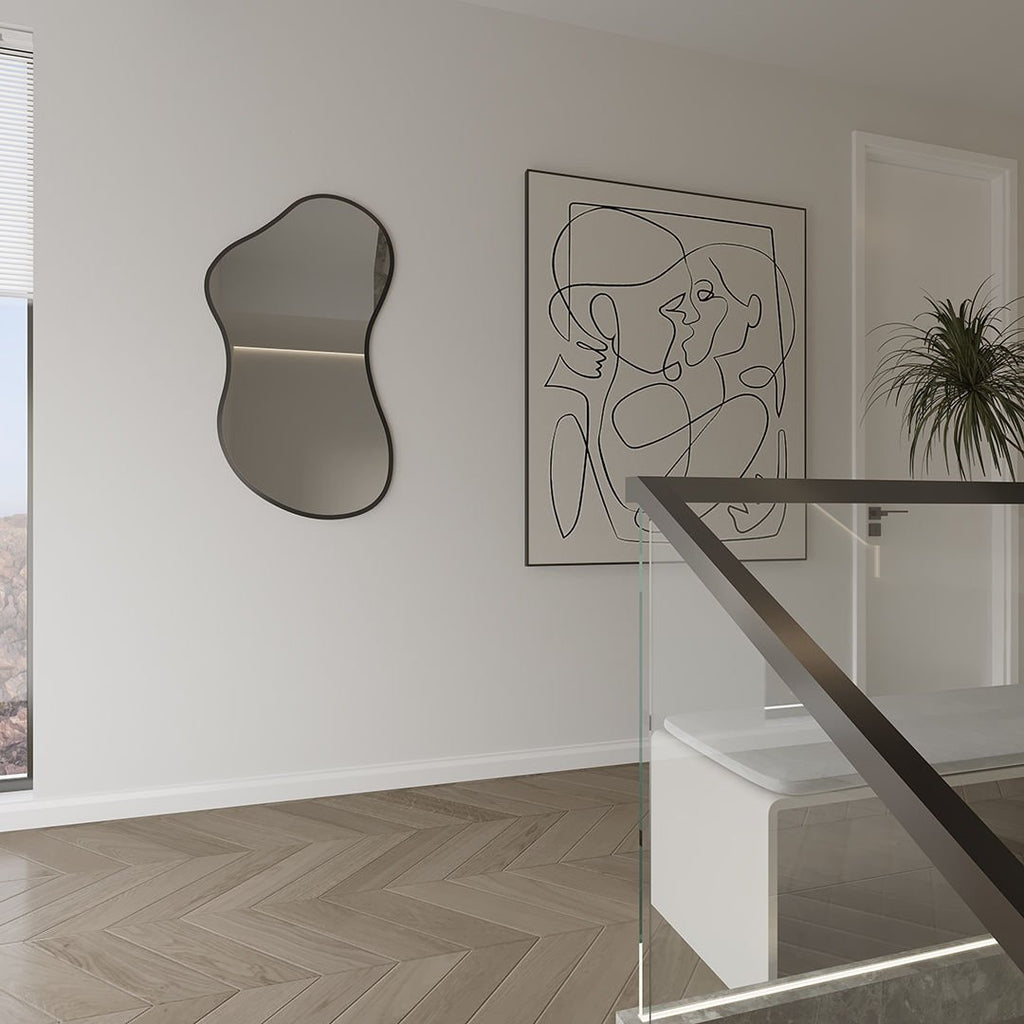 Modern Organik Şekilli Dekoratif Banyo Aynası – Çerçeveli Düzensiz Tasarım Ayna | Minimalist & Japandi Duvar Aynası