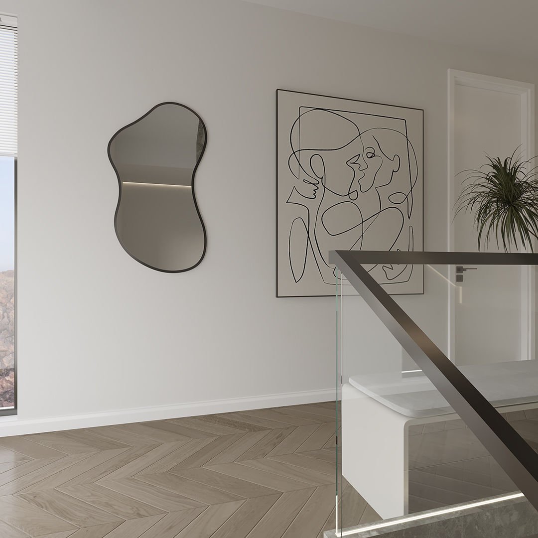 Modern Organik Şekilli Dekoratif Banyo Aynası – Çerçeveli Düzensiz Tasarım Ayna | Minimalist & Japandi Duvar Aynası