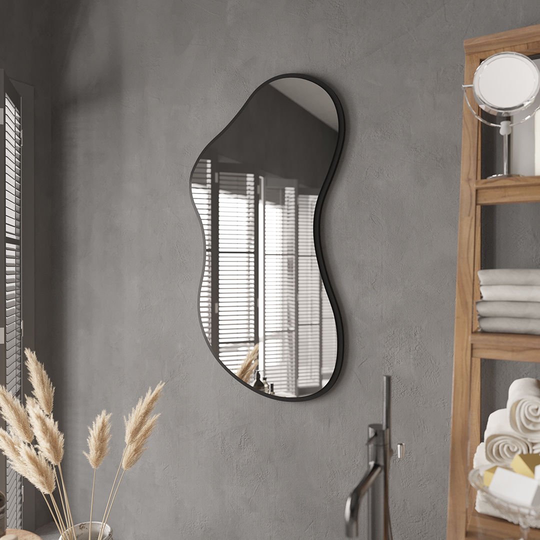 Modern Organik Şekilli Dekoratif Banyo Aynası – Çerçeveli Düzensiz Tasarım Ayna | Minimalist & Japandi Duvar Aynası