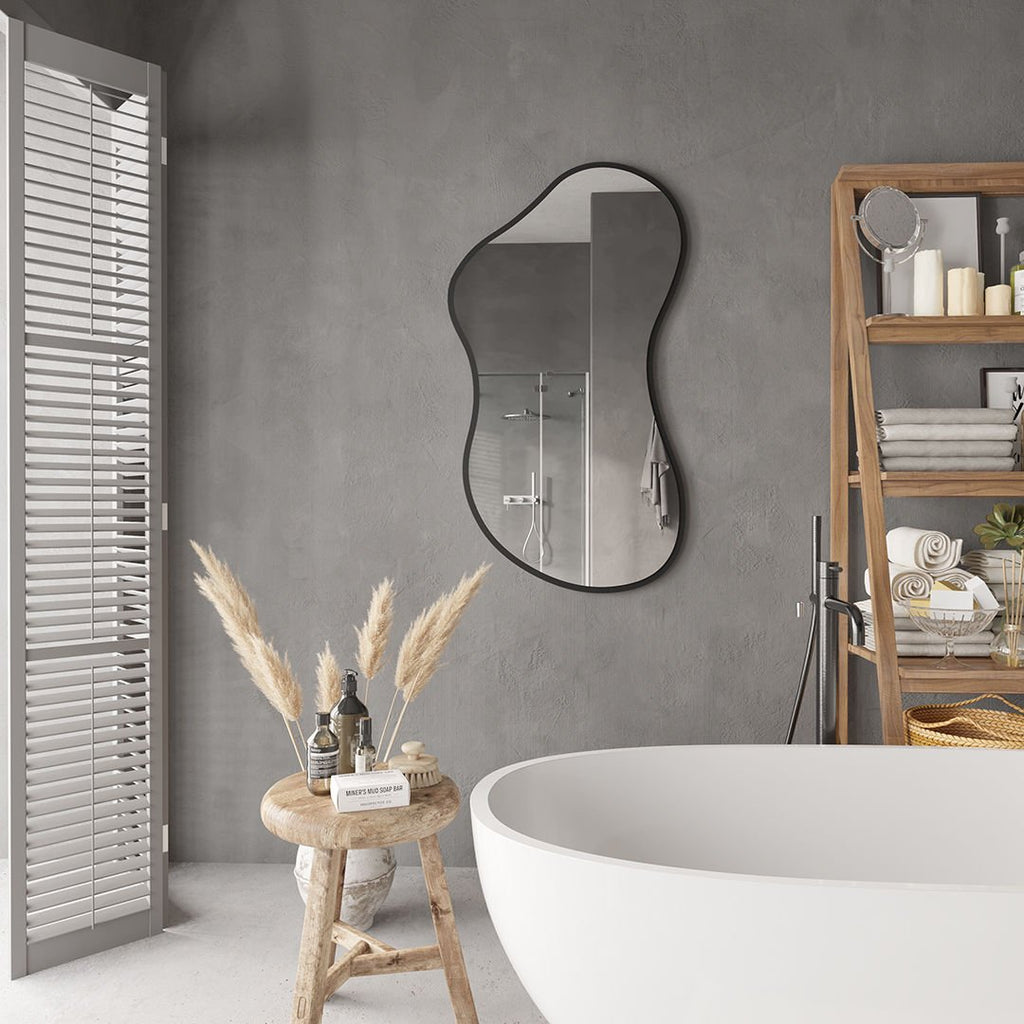 Modern Organik Şekilli Dekoratif Banyo Aynası – Çerçeveli Düzensiz Tasarım Ayna | Minimalist & Japandi Duvar Aynası