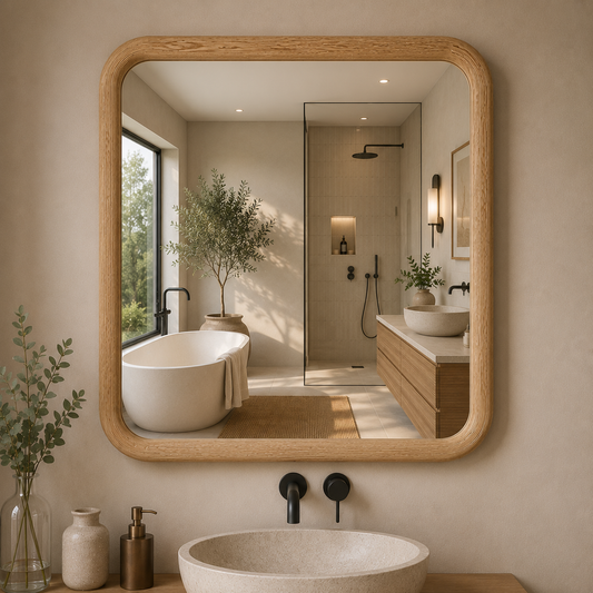 Kare Ahşap Çerçeveli Ayna, Yuvarlatılmış Köşeli Duvar Aynası, Masif Kayın Banyo Aynası, Antre ve Makyaj Aynası