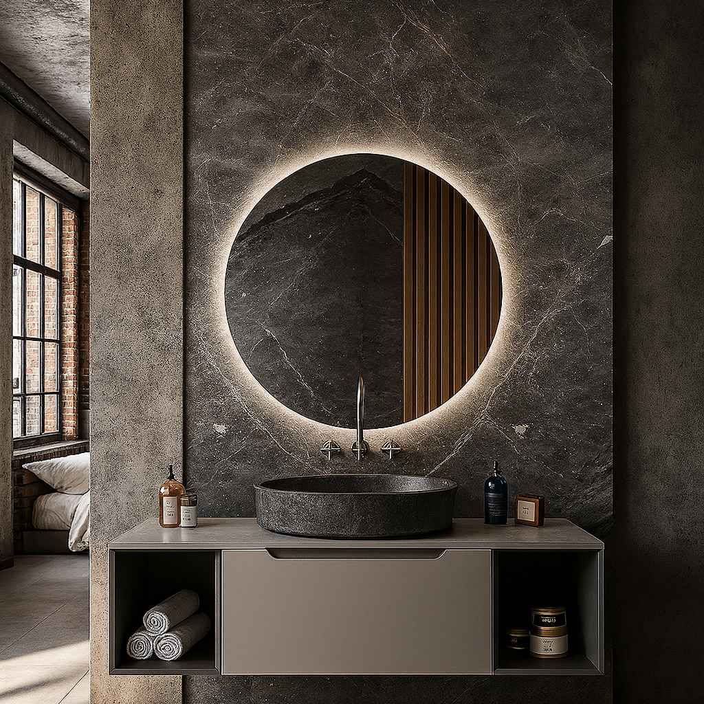 Yuvarlak LED Işıklı Banyo Aynası – Modern Aydınlatmalı Dekoratif Ayna | Mermer Duvar İçin Tasarım Ayna