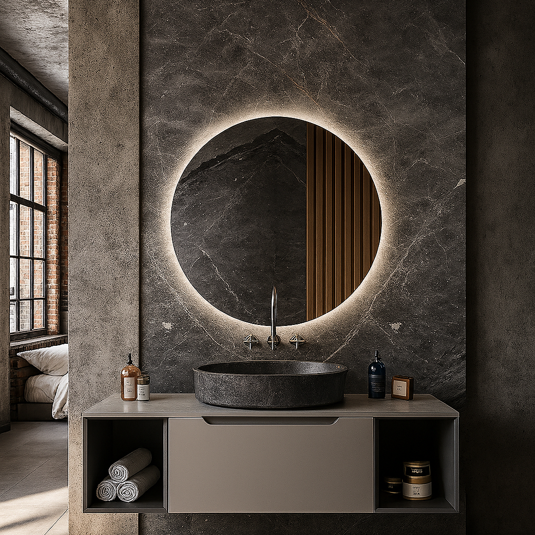 Yuvarlak LED Işıklı Banyo Aynası – Modern Aydınlatmalı Dekoratif Ayna | Mermer Duvar İçin Tasarım Ayna