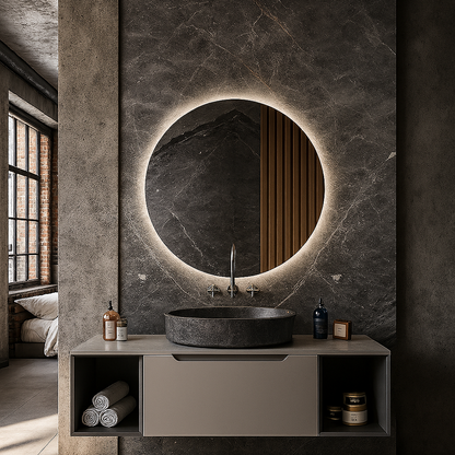 Yuvarlak LED Işıklı Banyo Aynası – Modern Aydınlatmalı Dekoratif Ayna | Mermer Duvar İçin Tasarım Ayna