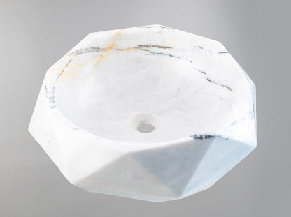 Beyaz Carrara Mermer Sekizgen Tasarım Lavabo – El Oyması Modern Mermer Banyo Lavabosu (42×42×14 cm)