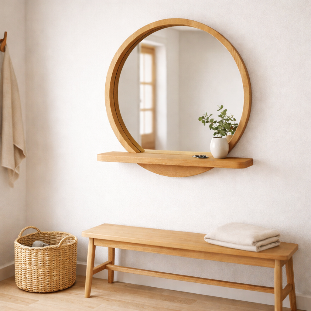 Raflı Masif Kayın Ağacı Yuvarlak Ayna – İskandinav Tarzı Antre ve Banyo Aynası