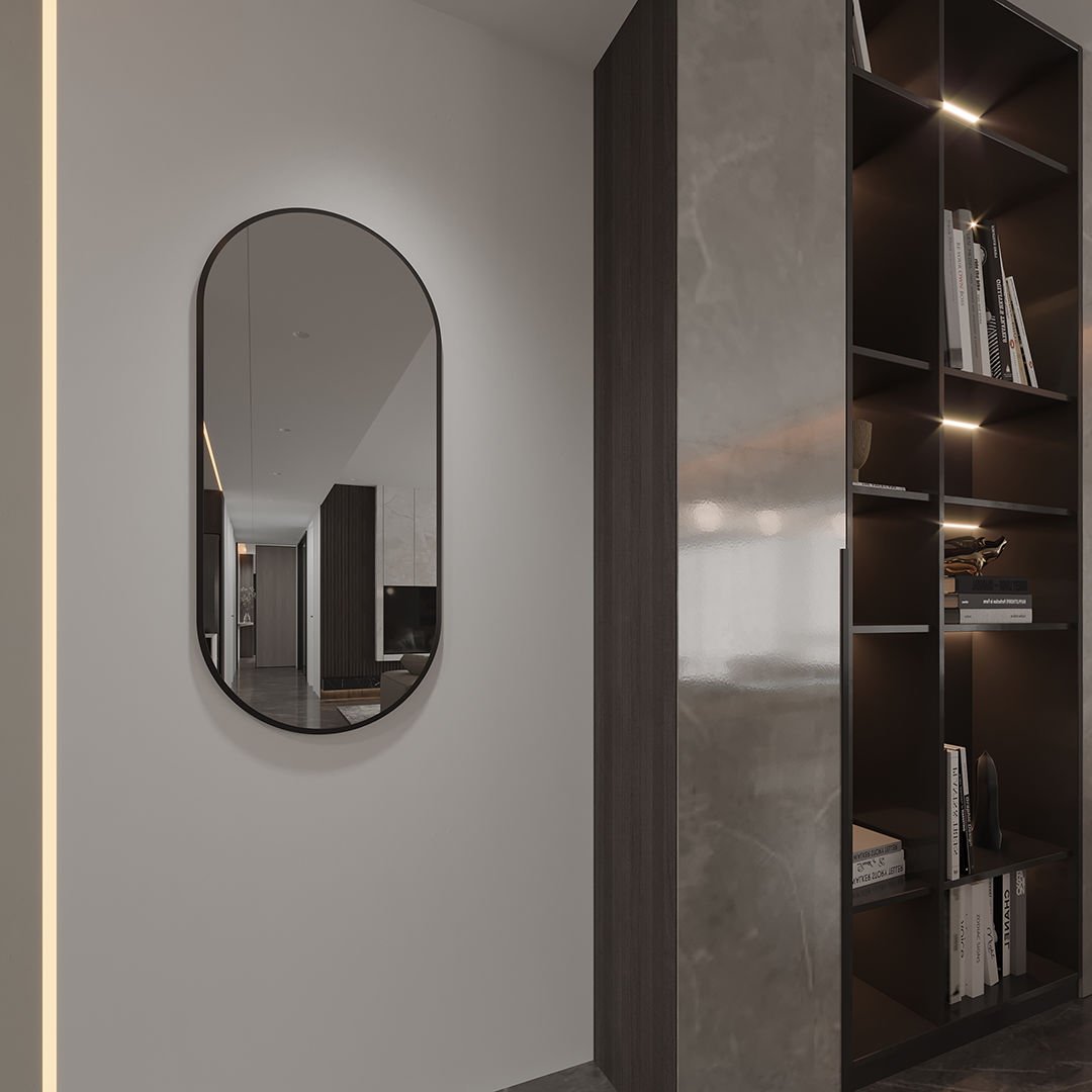 Modern Çerçeveli Oval Duvar Aynası – Dekoratif Banyo ve Salon Aynası Tasarımı