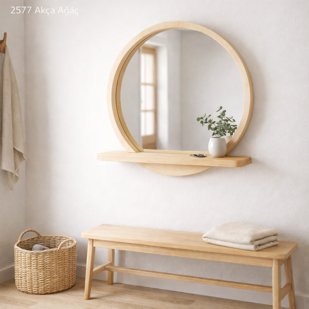 Raflı Masif Kayın Ağacı Yuvarlak Ayna – İskandinav Tarzı Antre ve Banyo Aynası