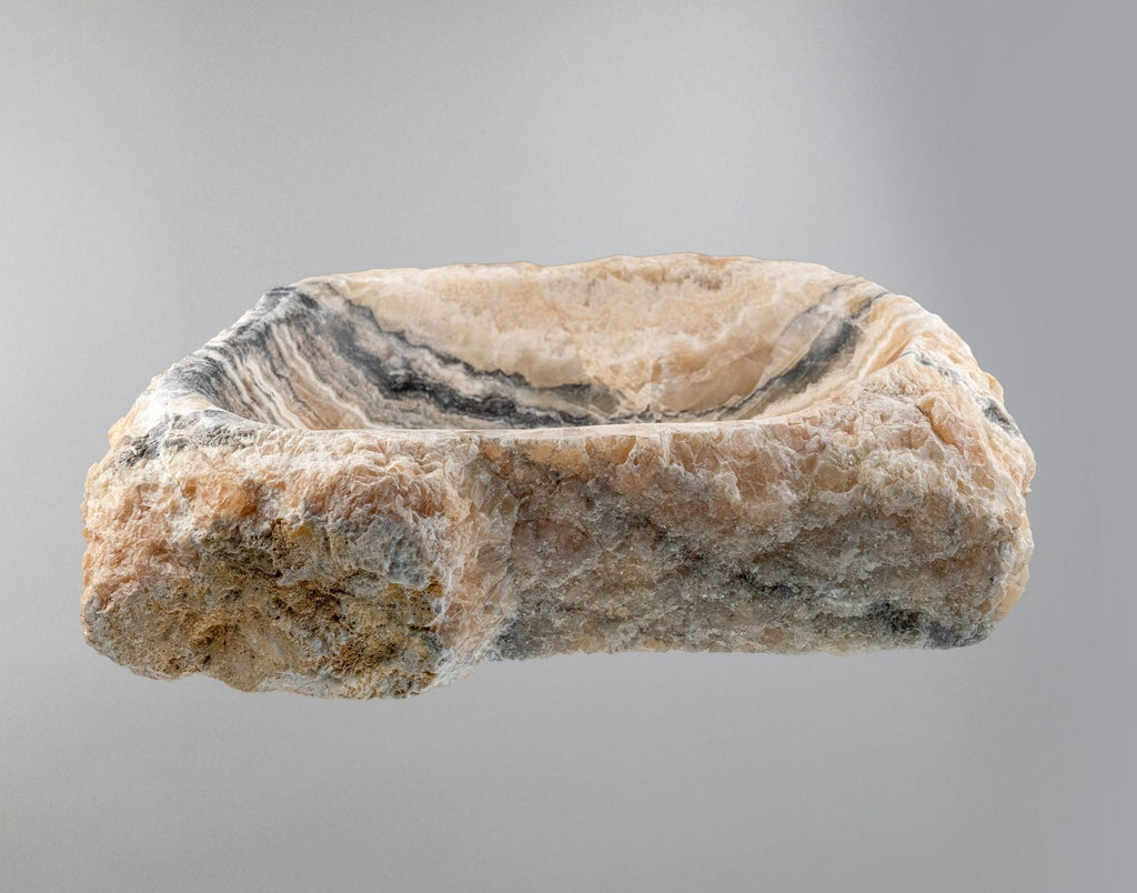 Doğal Oniks Kaya Formu Mermer Lavabo – El Oyma Tezgâh Üstü Doğaltaş Banyo Lavabosu (L 40 × W 55 × H 14 cm)