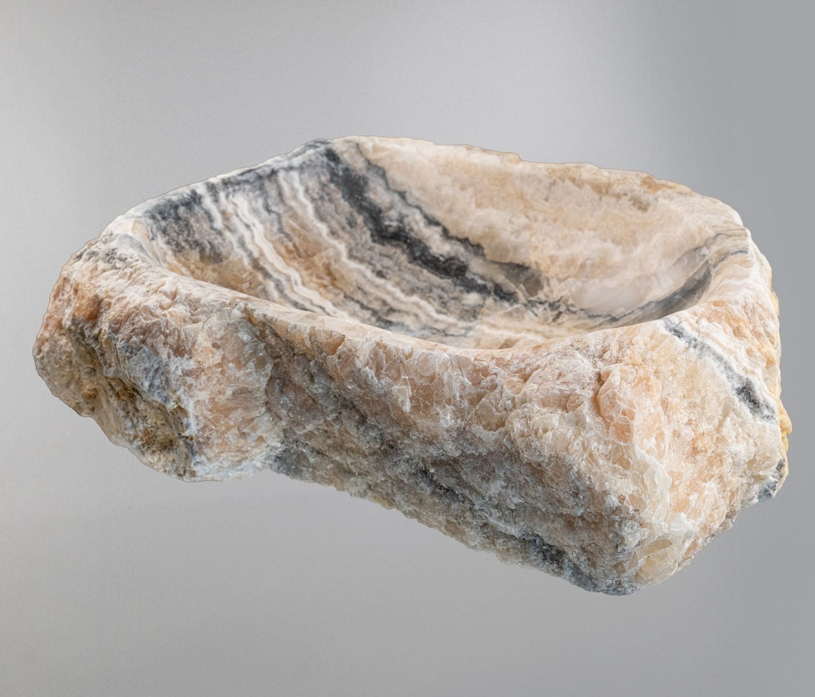 Doğal Oniks Kaya Formu Mermer Lavabo – El Oyma Tezgâh Üstü Doğaltaş Banyo Lavabosu (L 40 × W 55 × H 14 cm)