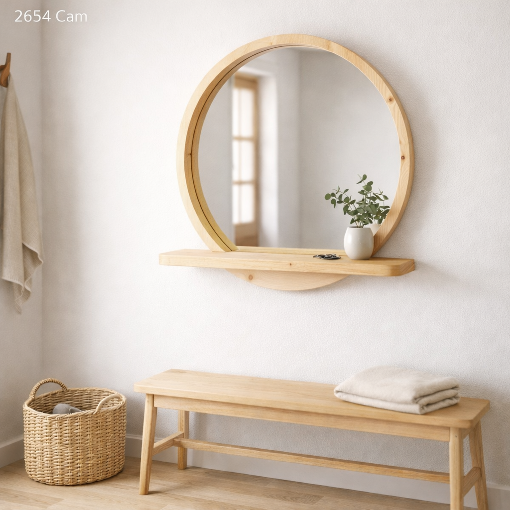 Raflı Masif Kayın Ağacı Yuvarlak Ayna – İskandinav Tarzı Antre ve Banyo Aynası