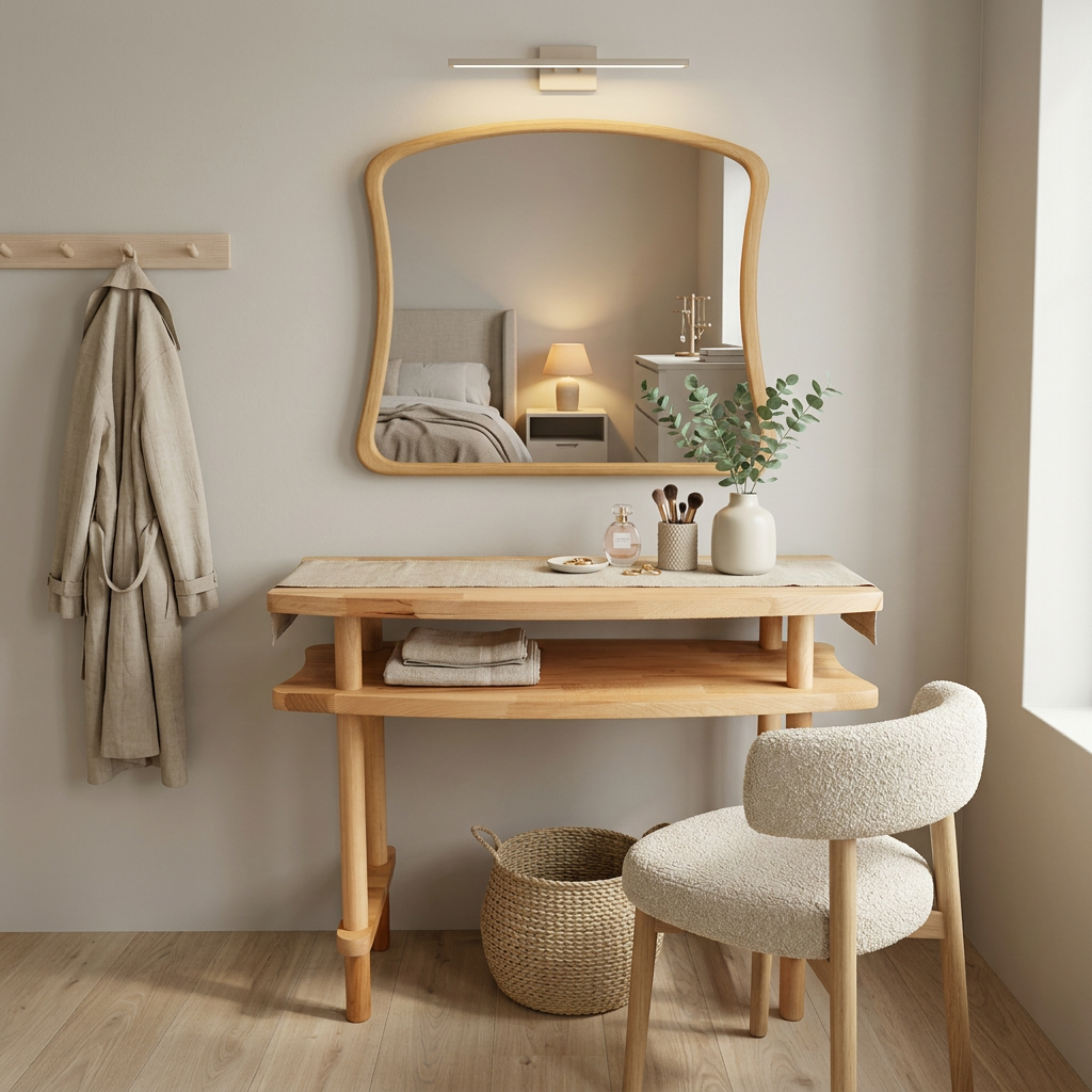 Aynalı Masif Kayın Dresuar – Modern İskandinav Antre Konsolu & Makyaj Masası