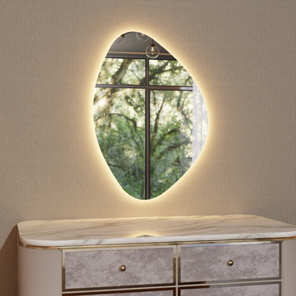 LED Işıklı Asimetrik Ayna – Modern Dekoratif Duvar Aynası, Arkadan Aydınlatmalı Banyo & Salon Aynası
