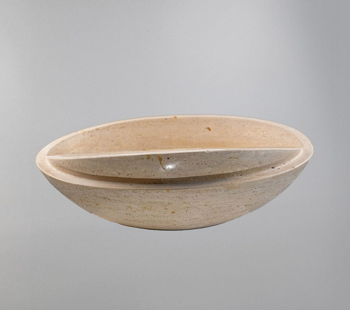 Beige Travertine Marble Lavabo – Doğal Bej Traverten Mermer Tezgâh Üstü Banyo Lavabosu (L 40 × W 40 × H 14 cm)