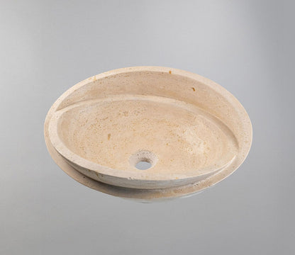 Beige Travertine Marble Lavabo – Doğal Bej Traverten Mermer Tezgâh Üstü Banyo Lavabosu (L 40 × W 40 × H 14 cm)