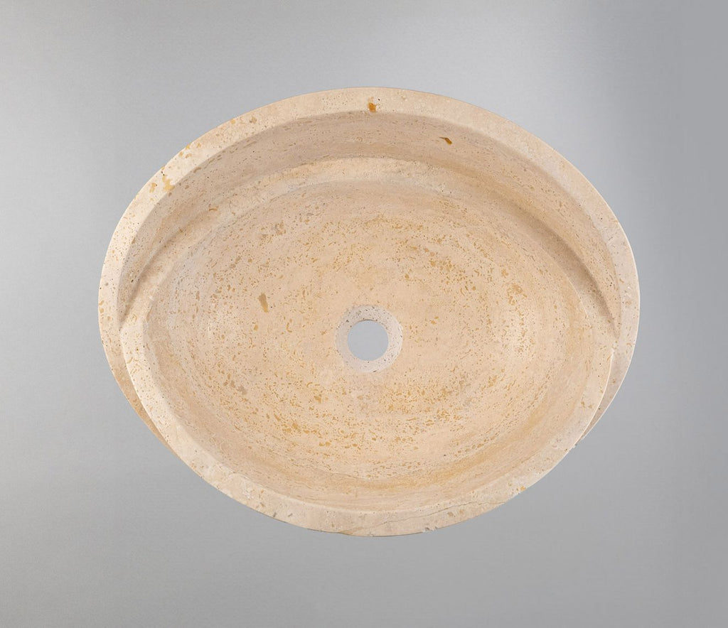 Beige Travertine Marble Lavabo – Doğal Bej Traverten Mermer Tezgâh Üstü Banyo Lavabosu (L 40 × W 40 × H 14 cm)