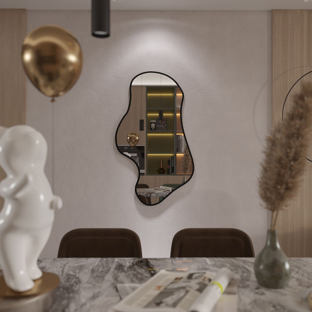 Dalgalı Çerçeveli Asimetrik Ayna – Banyo ve Dekor İçin Irregular Organik Form Duvar Aynası