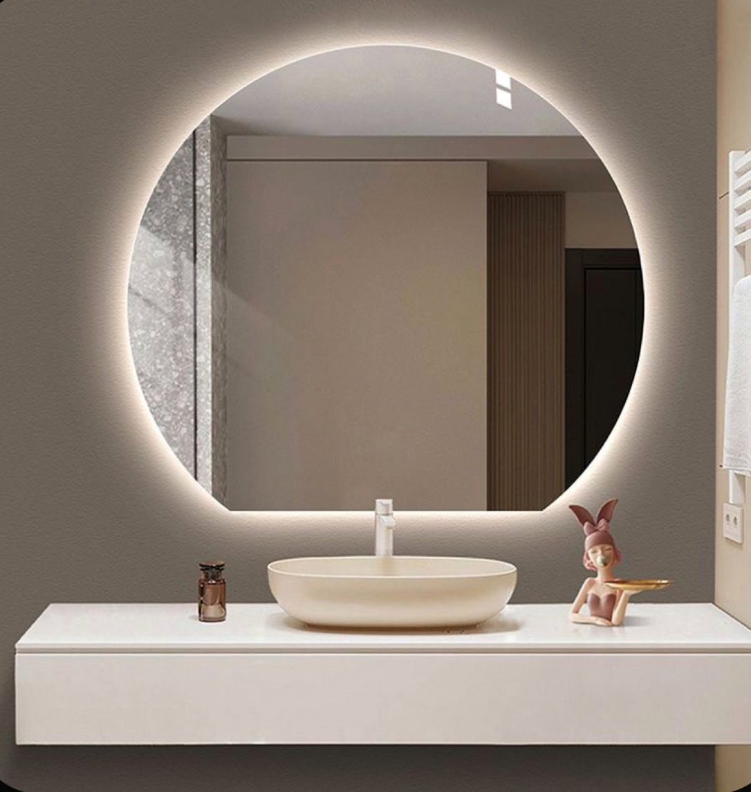 LED Işıklı Yuvarlak Banyo Aynası – Modern Arkadan Aydınlatmalı Ayna, Sıcak Işıklı Dekoratif Lavabo Aynası