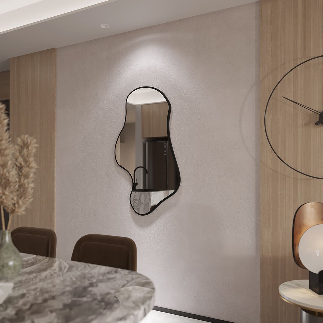 Dalgalı Çerçeveli Asimetrik Ayna – Banyo ve Dekor İçin Irregular Organik Form Duvar Aynası